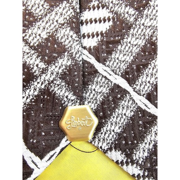 Brown & White Plaid Patterned Tie With Yellow Accent By Liebert - Picture 8 of 9